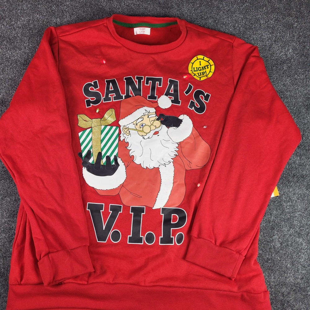 Holiday Time Mens XL Santa VIP Light Up Ugly Christmas Sweater Red Fleece NWT